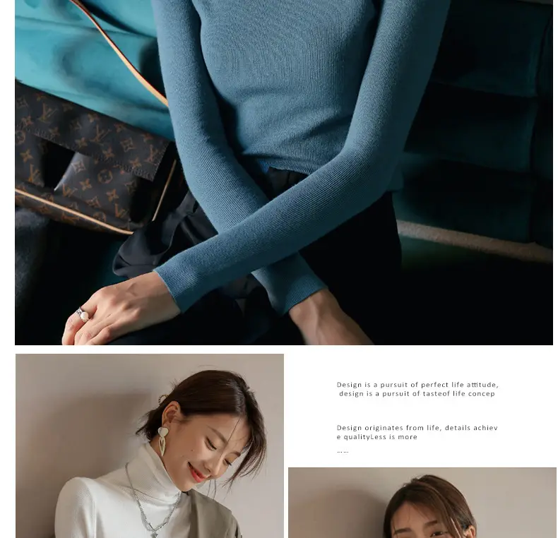 Women Knitted Stacked Collar Top Blue Slim Fit — feature 26