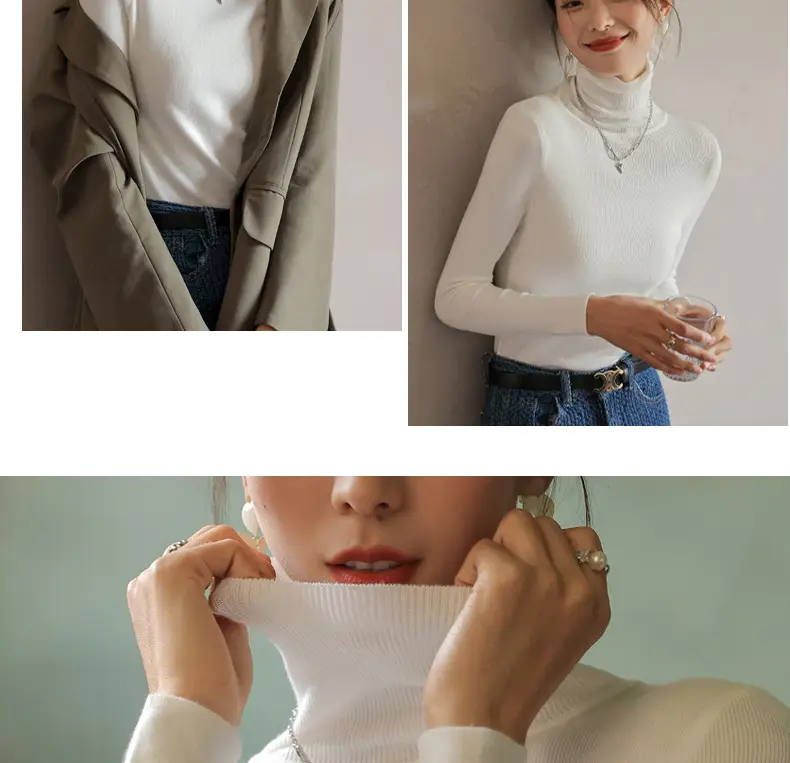 Women Knitted Stacked Collar Top Blue Slim Fit — feature 27