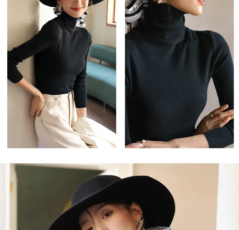 Women Knitted Stacked Collar Top Blue Slim Fit — feature 29