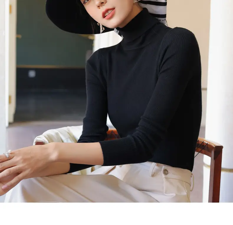 Women Knitted Stacked Collar Top Blue Slim Fit — feature 30