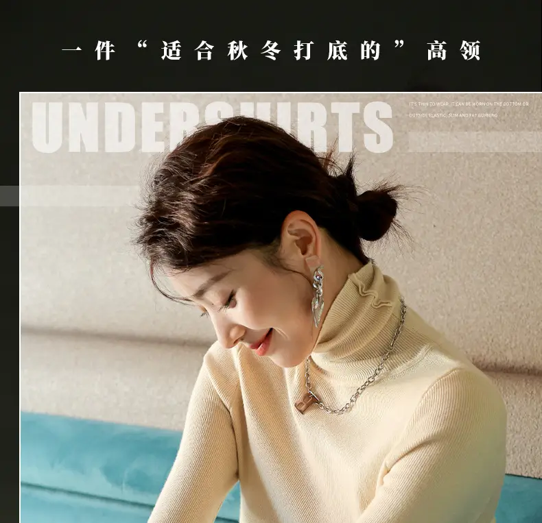Women Knitted Stacked Collar Top Blue Slim Fit — feature 5