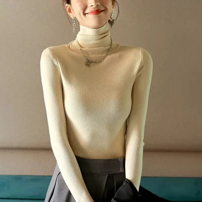 Women Knitted Stacked Collar Top Blue Slim Fit