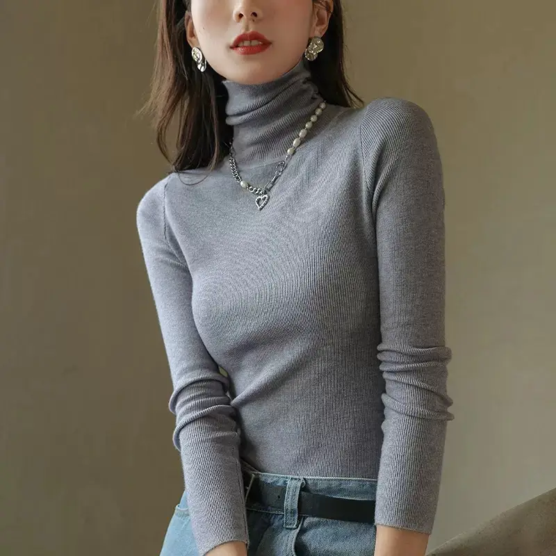 Women Knitted Stacked Collar Top Blue Slim Fit