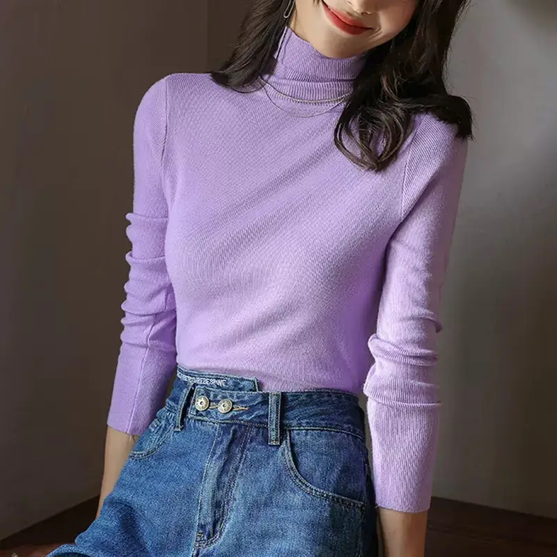 Women Knitted Stacked Collar Top Blue Slim Fit