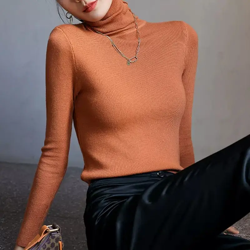Women Knitted Stacked Collar Top Blue Slim Fit
