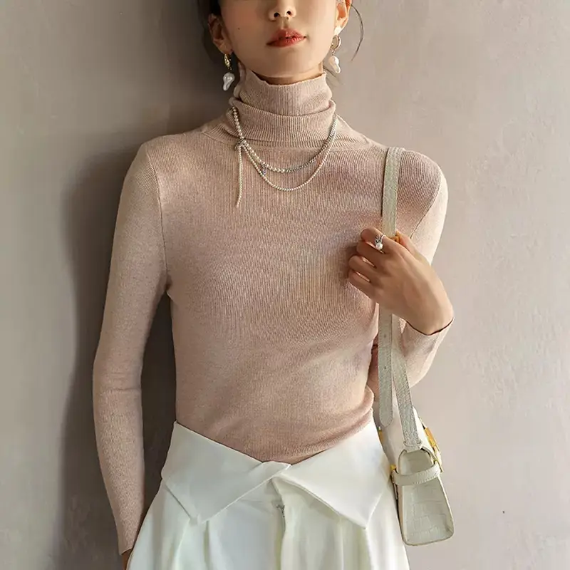 Women Knitted Stacked Collar Top Blue Slim Fit