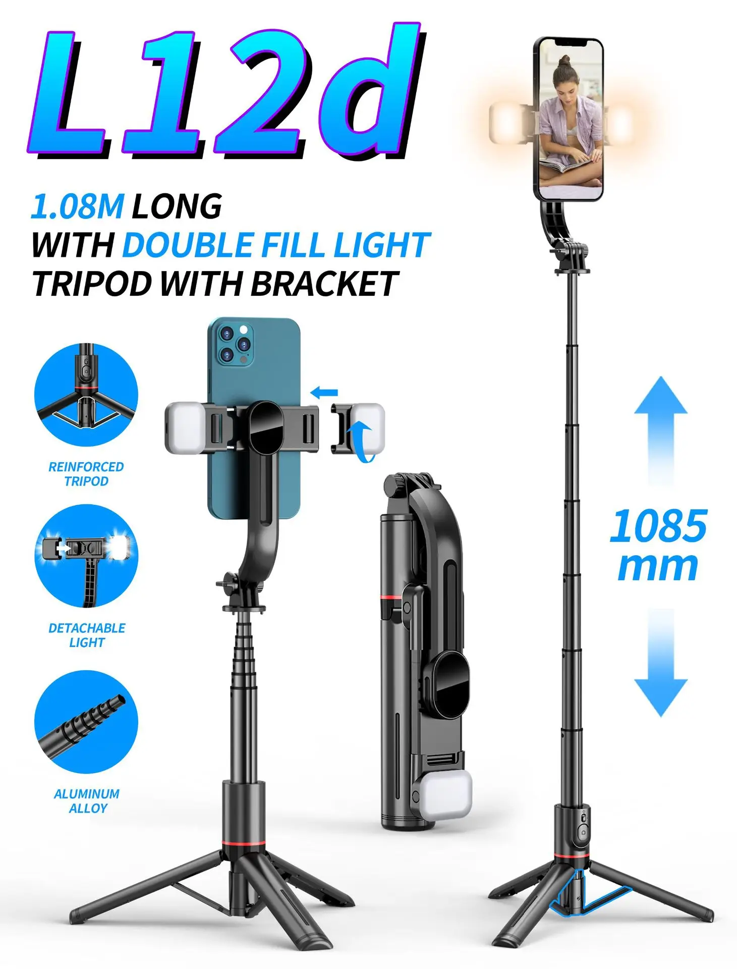 Bluetooth Selfie Stick with Fill Light & Tripod - Image 2