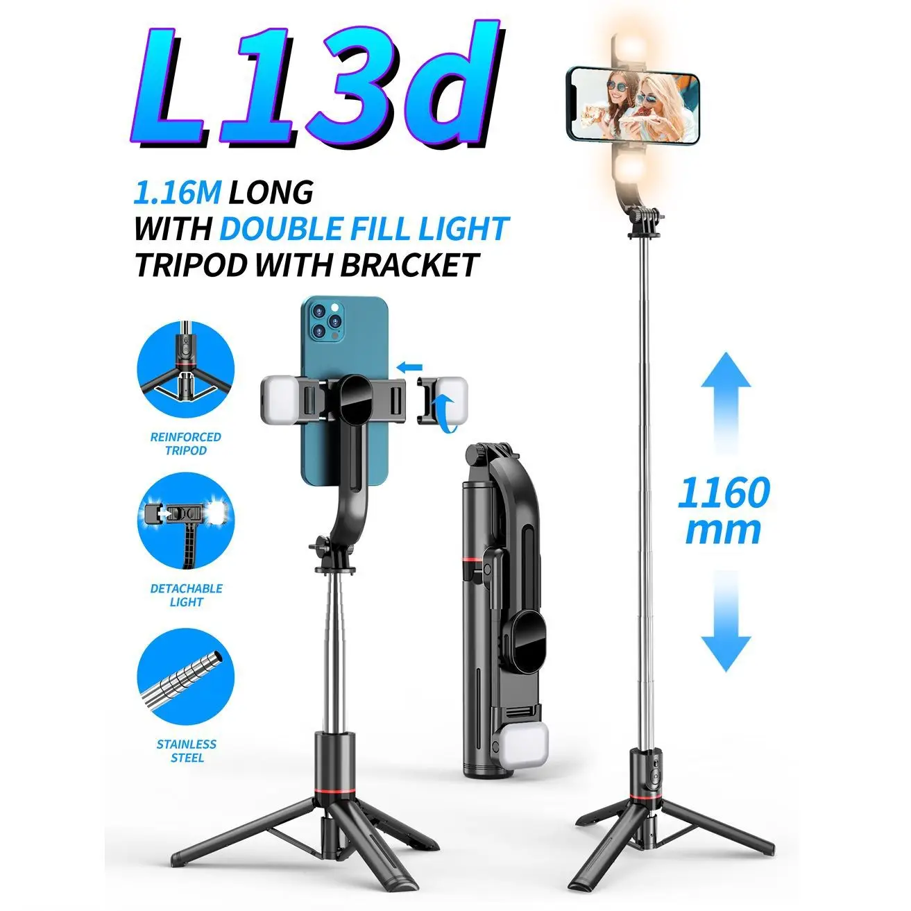 Bluetooth Selfie Stick with Fill Light & Tripod - Image 3