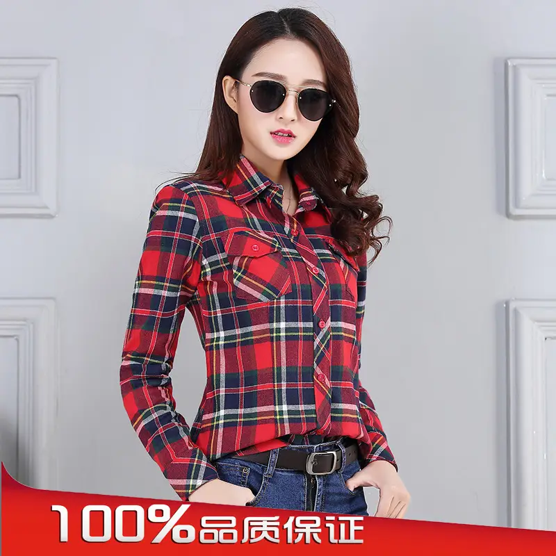 Women Plaid Long Sleeve Shirt Red Green Blue Slim Fit 2025 - Image 2