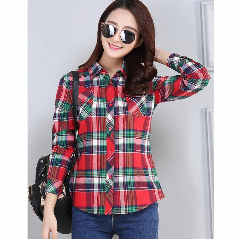 Women Plaid Long Sleeve Shirt Red Green Blue Slim Fit 2025 - Image 13