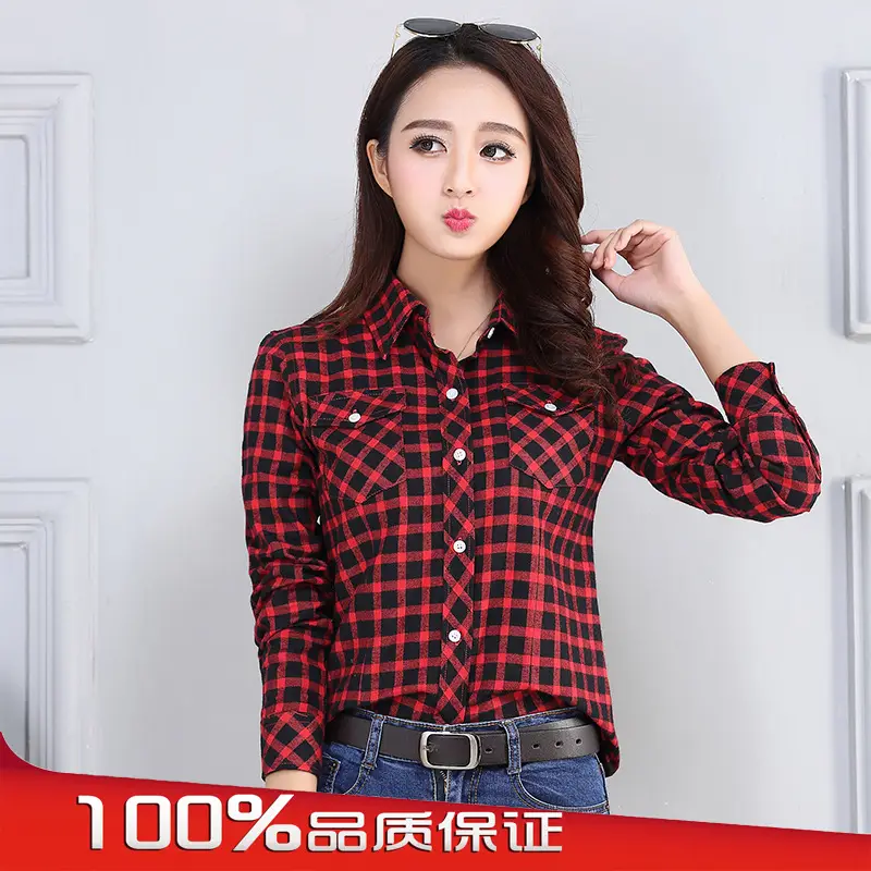 Women Plaid Long Sleeve Shirt Red Green Blue Slim Fit 2025 - Image 5