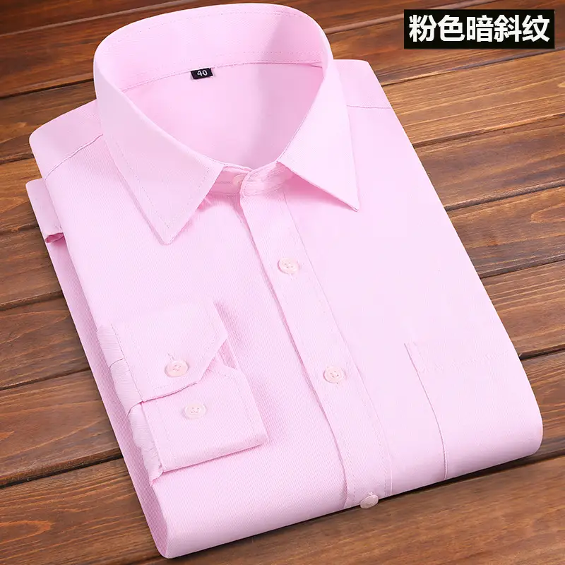 Men's Pink Long Sleeve Plain Shirt with Pockets - Image 54