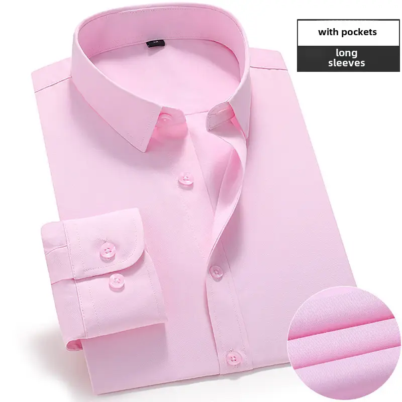 Men's Pink Long Sleeve Plain Shirt with Pockets - Image 48