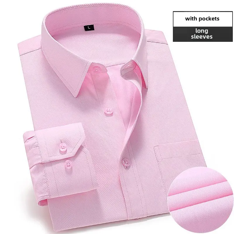 Men's Pink Long Sleeve Plain Shirt with Pockets - Image 50