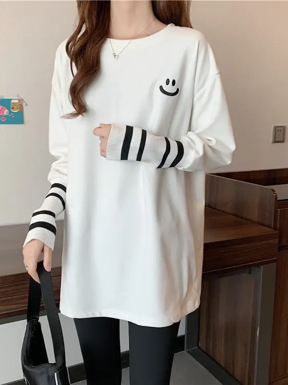 Women Black Printed Cotton T-Shirt Long Sleeve Mid Length