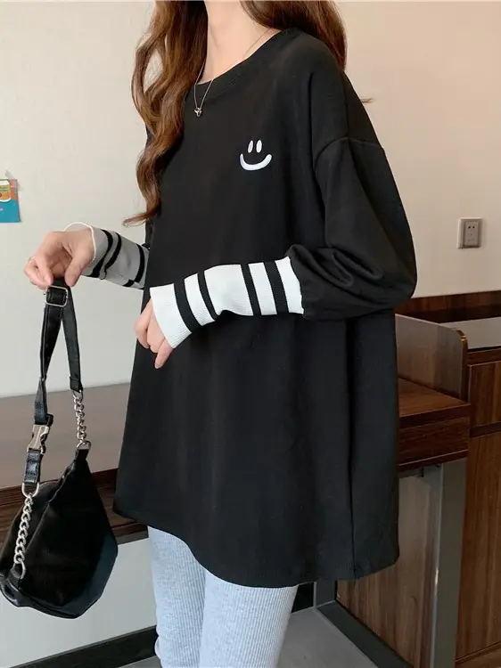 Women Black Printed Cotton T-Shirt Long Sleeve Mid Length