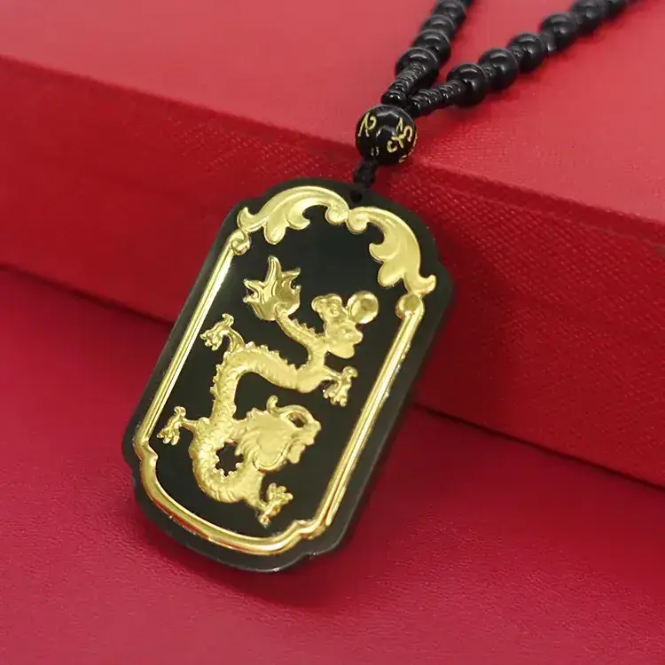 Gold Inlaid Jade Pendant with Dragon Design
