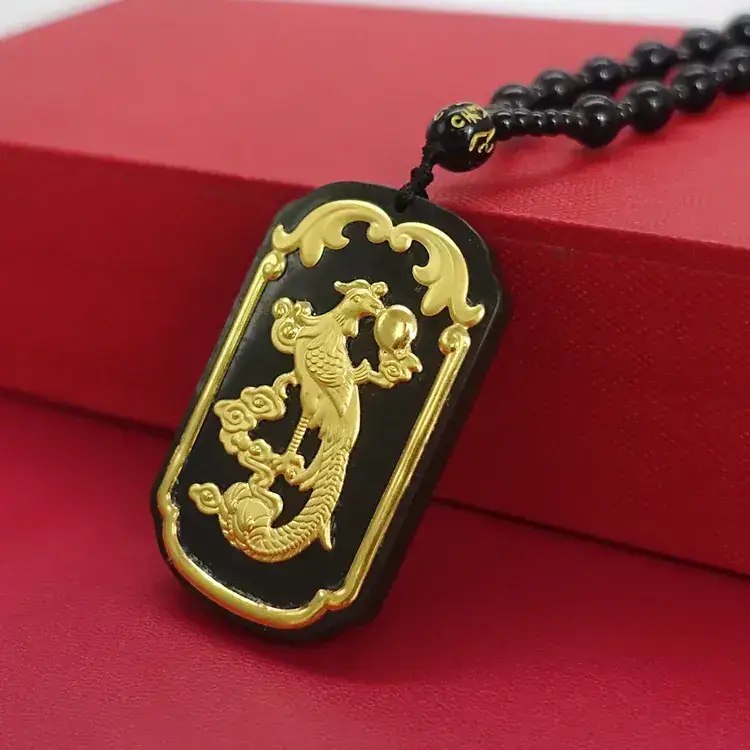 Gold Inlaid Jade Pendant with Dragon Design