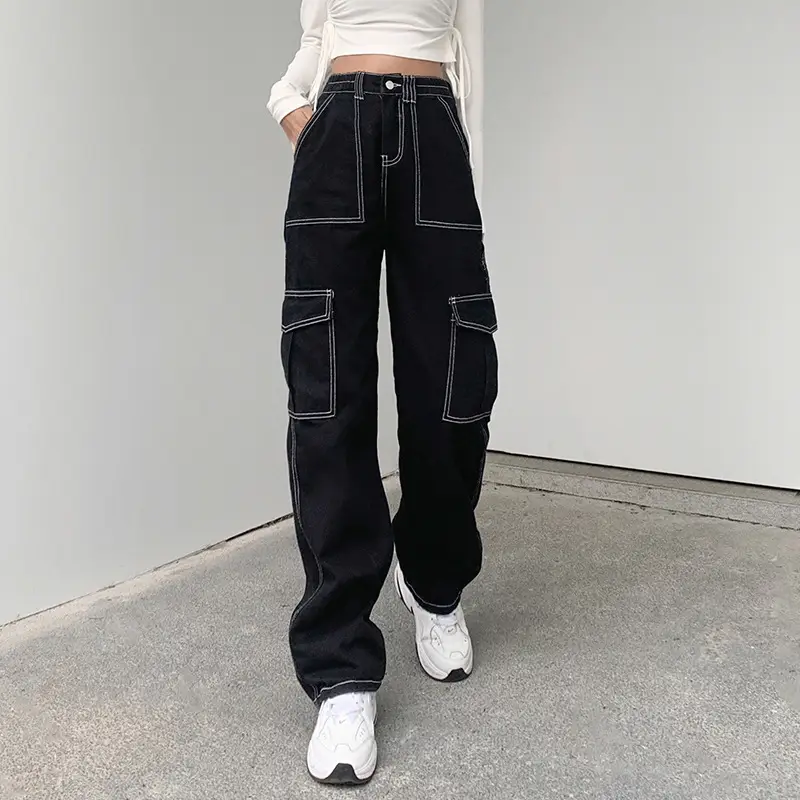 Women Black Slim Fit Wide Leg Croc Pants High Waist Loose Street Style - Image 4