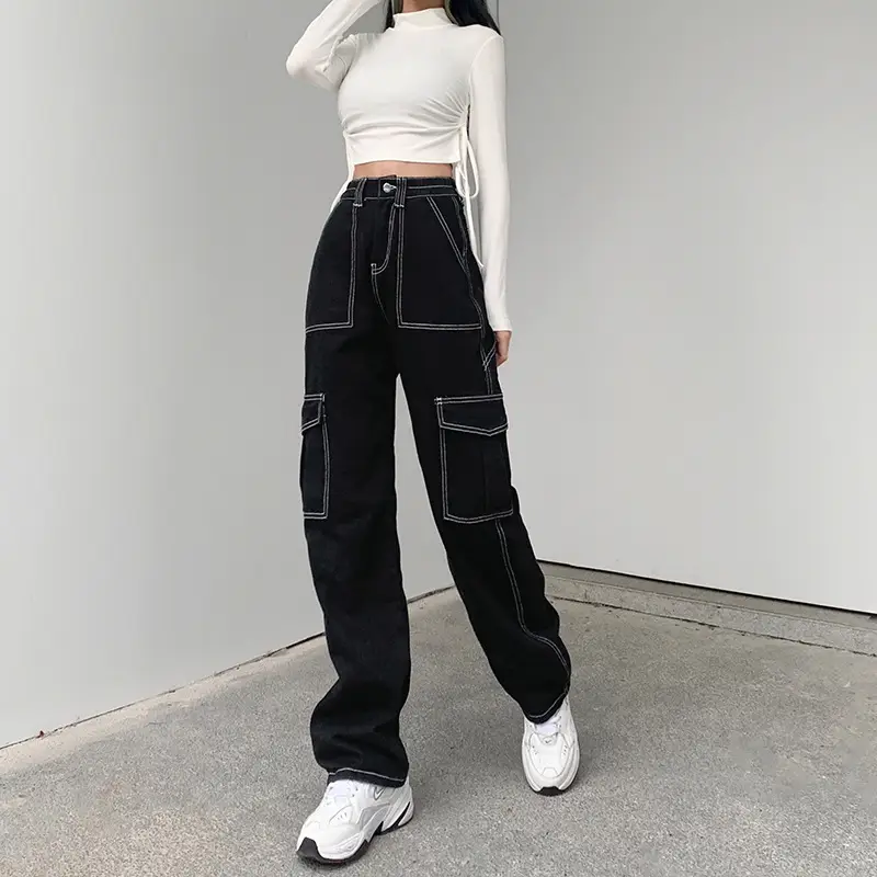 Women Black Slim Fit Wide Leg Croc Pants High Waist Loose Street Style - Image 5