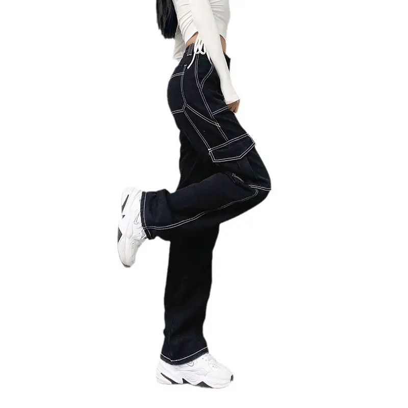 Women Black Slim Fit Wide Leg Croc Pants High Waist Loose Street Style - Image 6