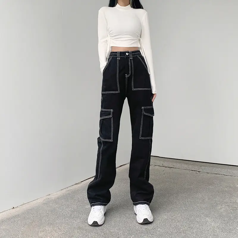 Women Black Slim Fit Wide Leg Croc Pants High Waist Loose Street Style — feature 2