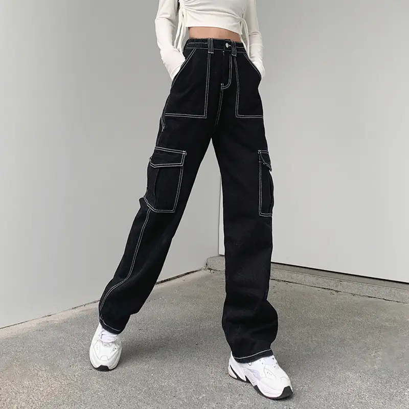 Women Black Slim Fit Wide Leg Croc Pants High Waist Loose Street Style — feature 5