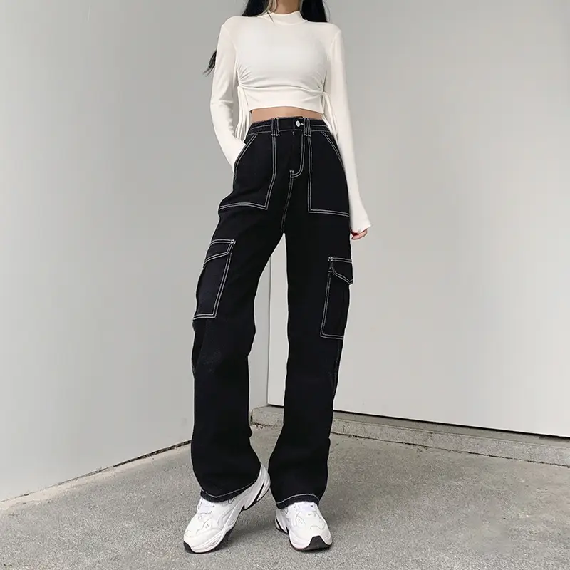 Women Black Slim Fit Wide Leg Croc Pants High Waist Loose Street Style — feature 8