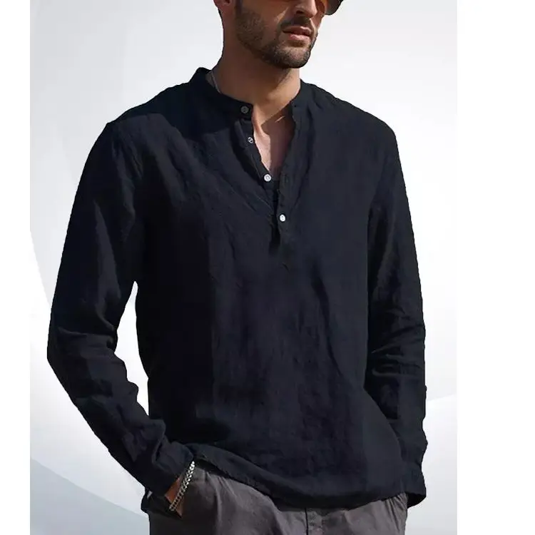 Men V-Neck Linen Shirt Light Green Long Sleeve - Image 2