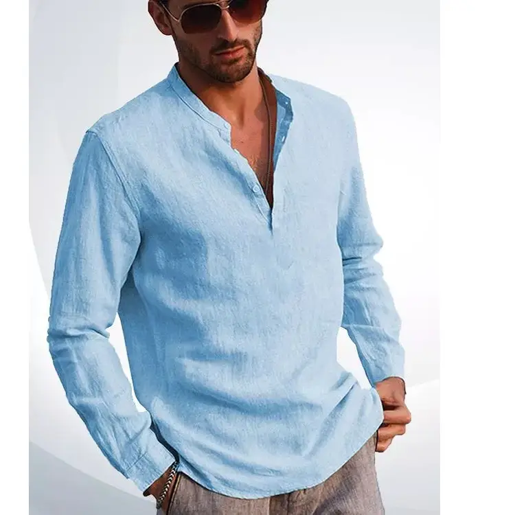 Men V-Neck Linen Shirt Light Green Long Sleeve - Image 3