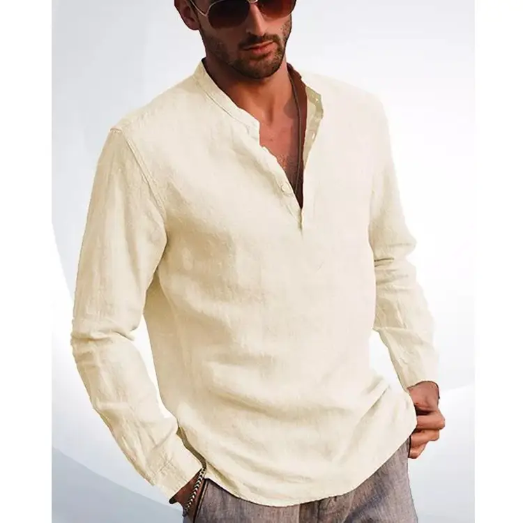 Men V-Neck Linen Shirt Light Green Long Sleeve - Image 9