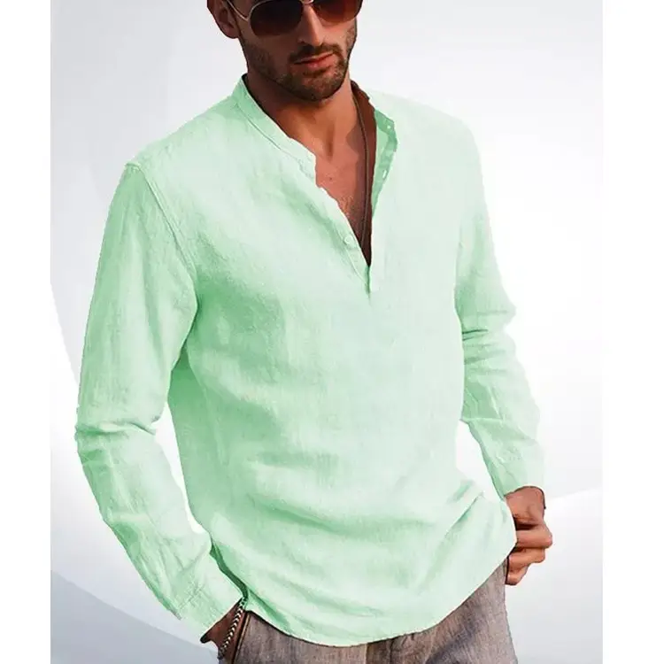 Men V-Neck Linen Shirt Light Green Long Sleeve - Image 7
