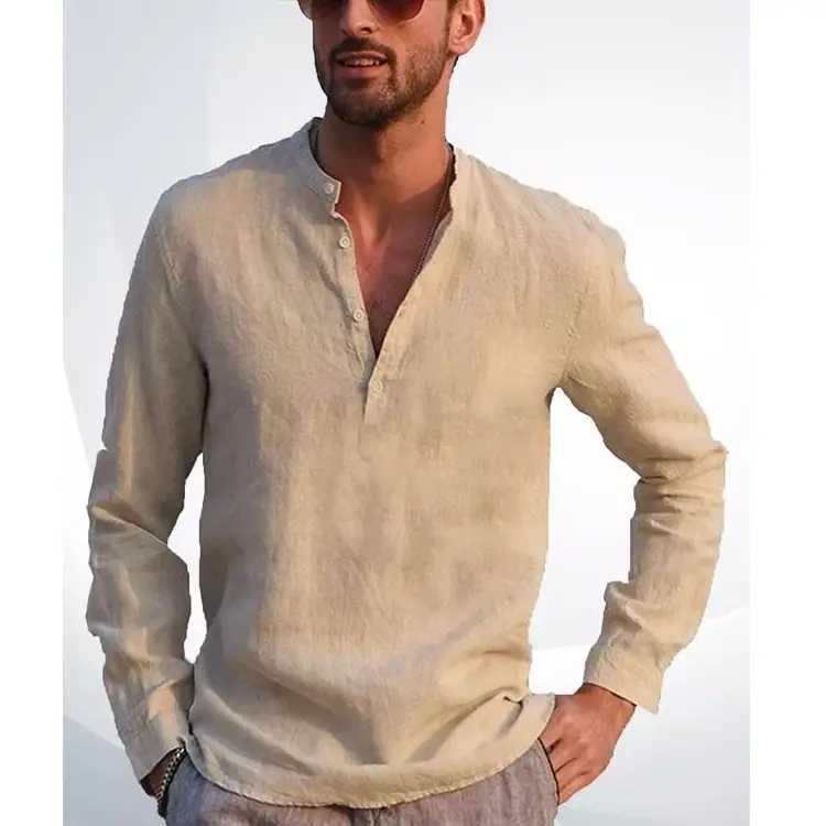 Men V-Neck Linen Shirt Light Green Long Sleeve - Image 10