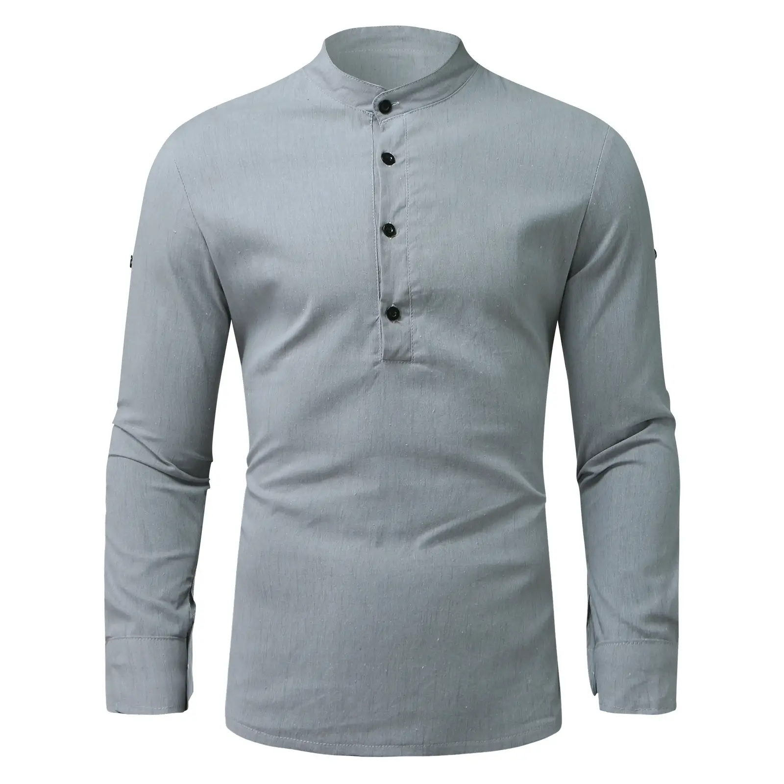 Men V-Neck Linen Shirt Light Green Long Sleeve - Image 5