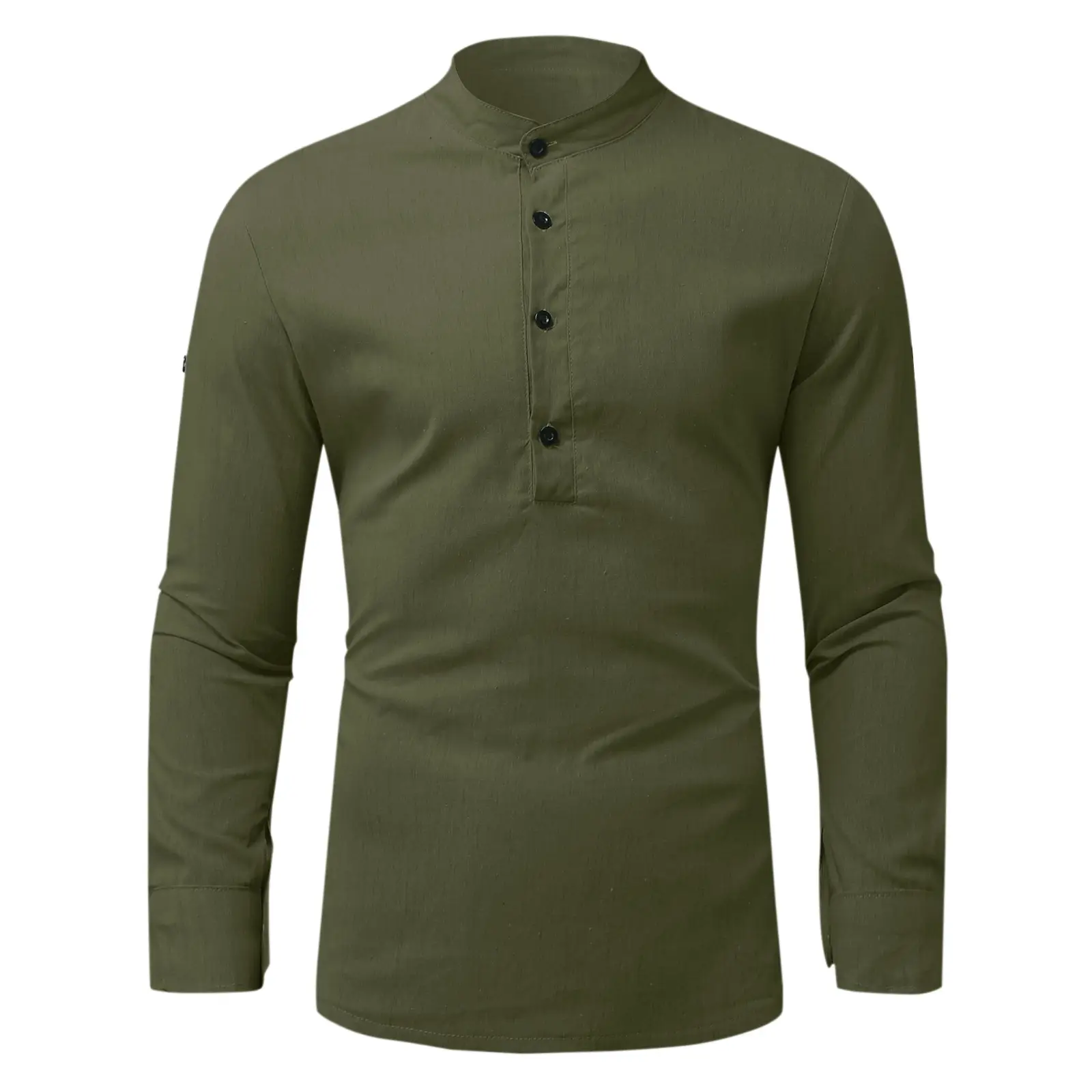 Men V-Neck Linen Shirt Light Green Long Sleeve - Image 8