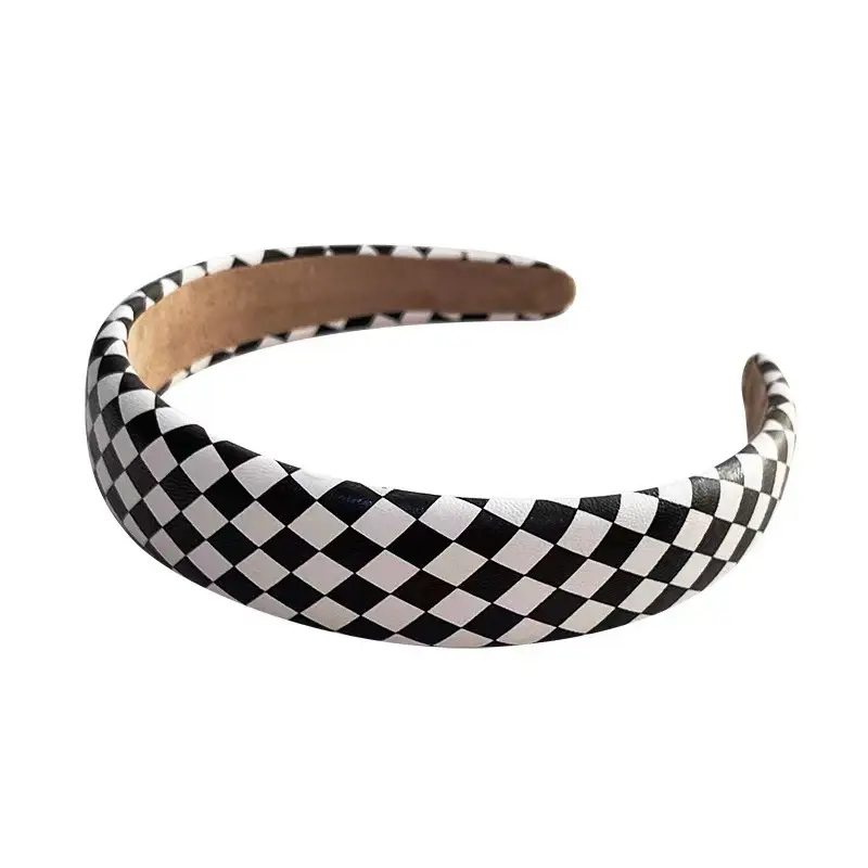 Checkerboard Rhomboid PU Leather Headband Black Red - Image 6