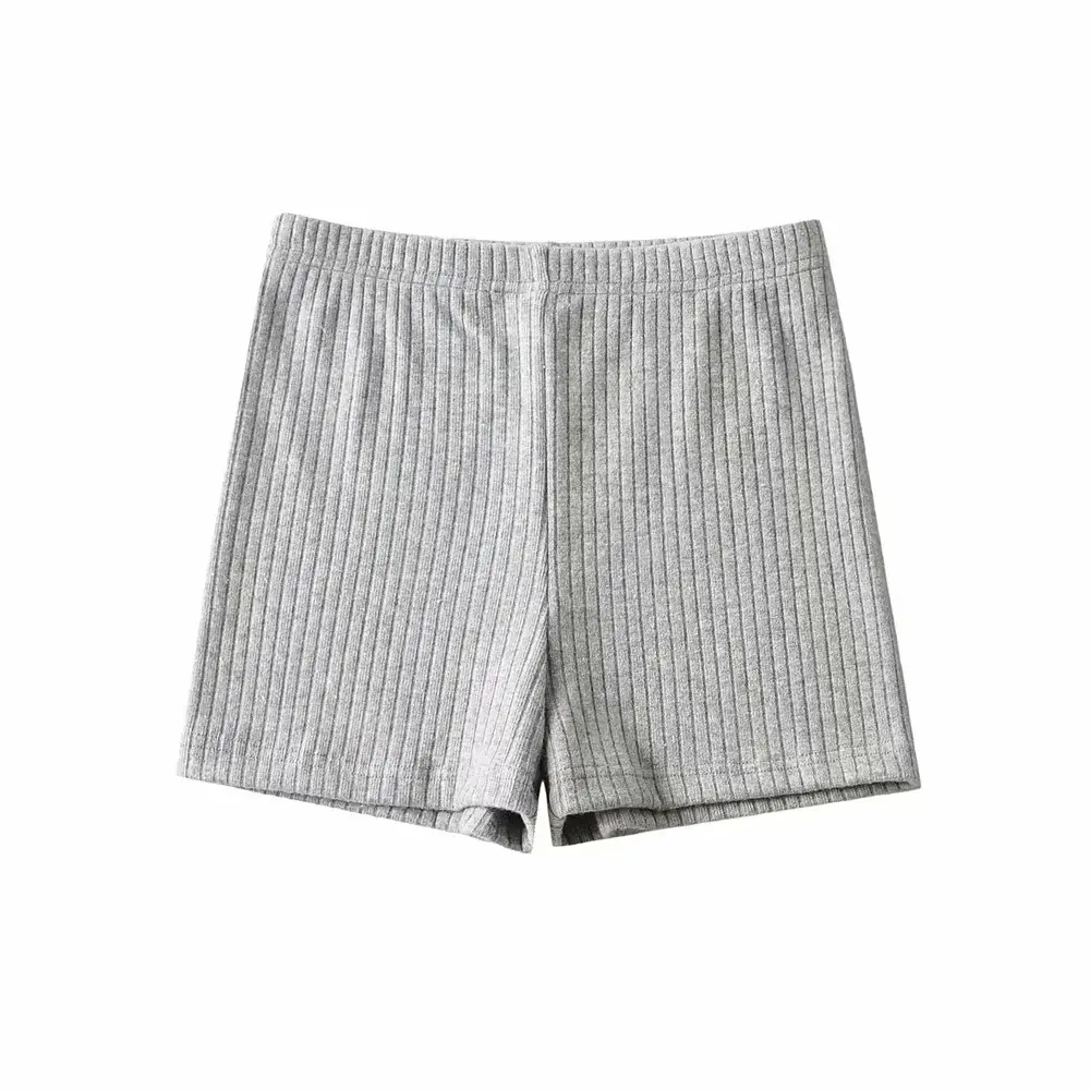 Brown Ribbed High Waist Elastic Shorts Women - Image 2