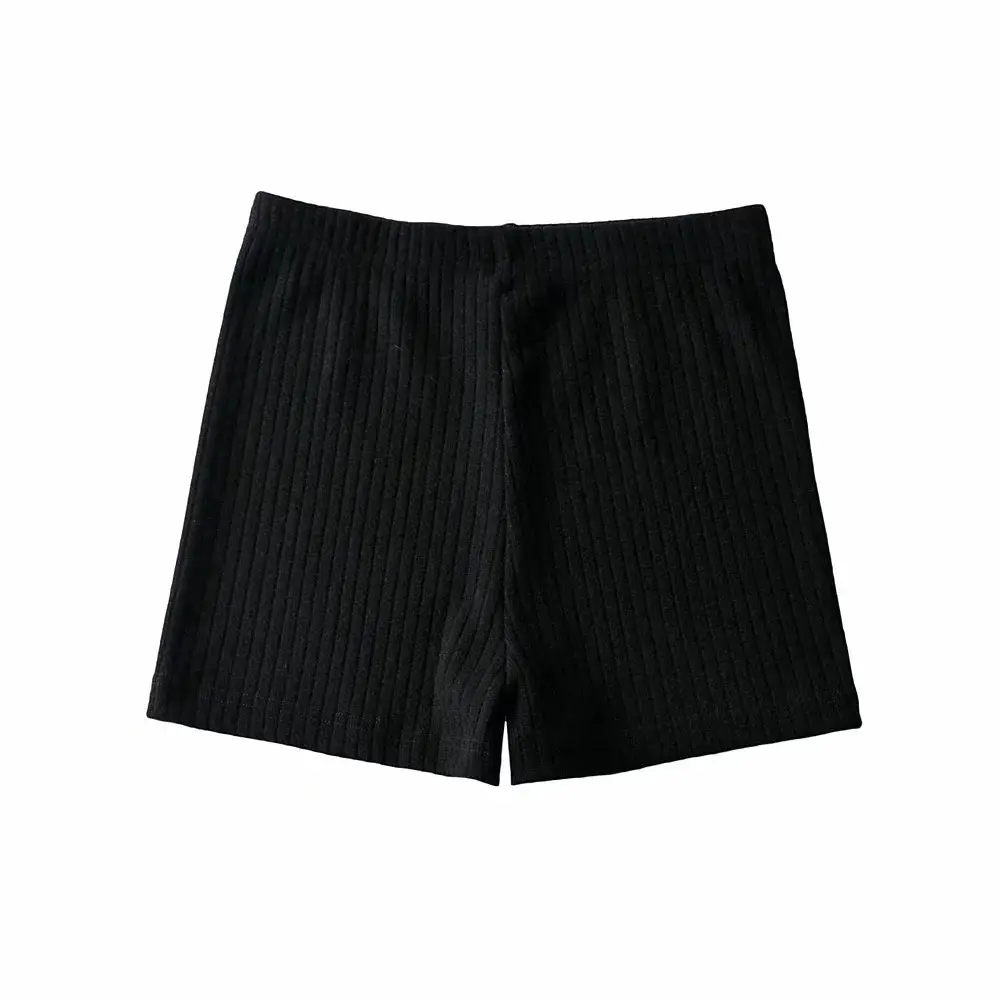 Brown Ribbed High Waist Elastic Shorts Women - Image 3