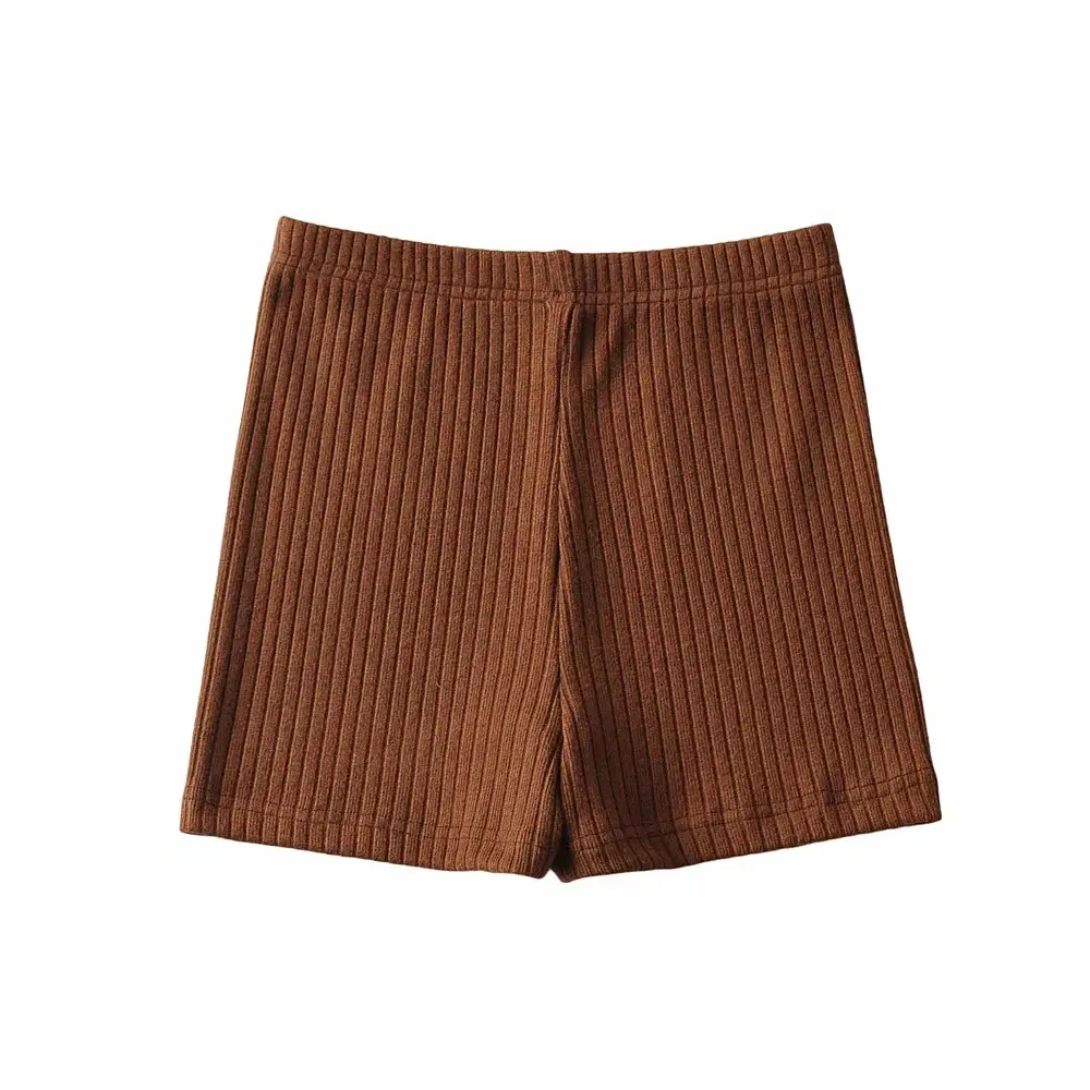 Brown Ribbed High Waist Elastic Shorts Women - Image 4