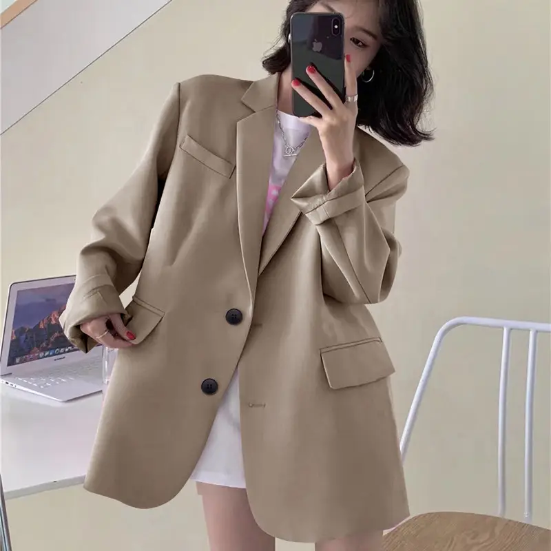 Women Khaki Blazer Jacket Korean British Style - Image 2