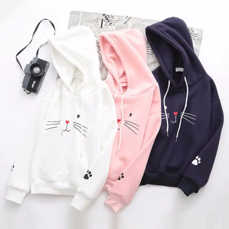 Women's White Cat Print Hoodie Long Sleeve Thick Cotton - Image 4