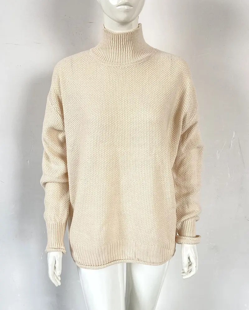 New 2023 Pullover Sweater High Neck Beige Loose Fit