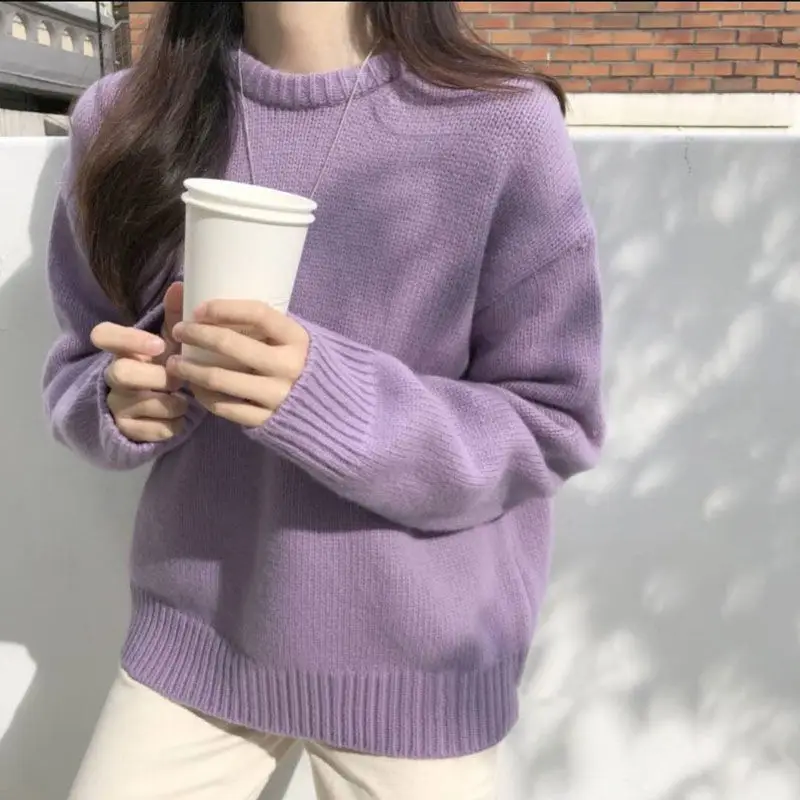Women Loose Knitted Pullover Sweater Purple Round Neck - Image 6