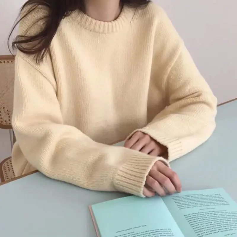 Women Loose Knitted Pullover Sweater Purple Round Neck - Image 7