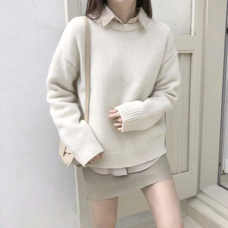 Women Loose Knitted Pullover Sweater Purple Round Neck - Image 8