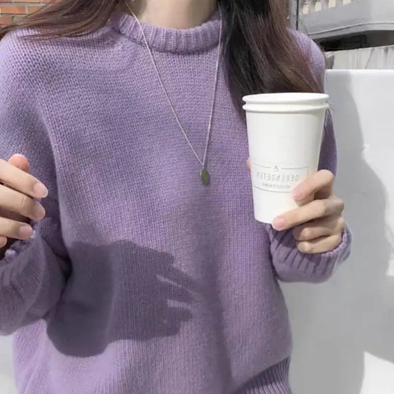 Women Loose Knitted Pullover Sweater Purple Round Neck - Image 9