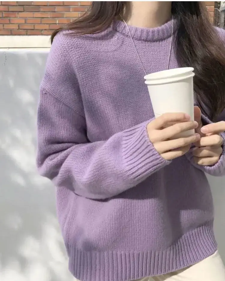 Women Loose Knitted Pullover Sweater Purple Round Neck — feature 1