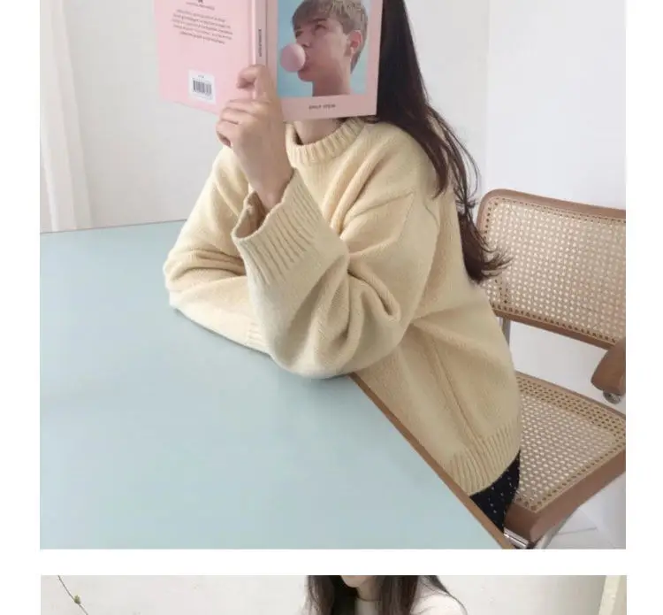 Women Loose Knitted Pullover Sweater Purple Round Neck — feature 12
