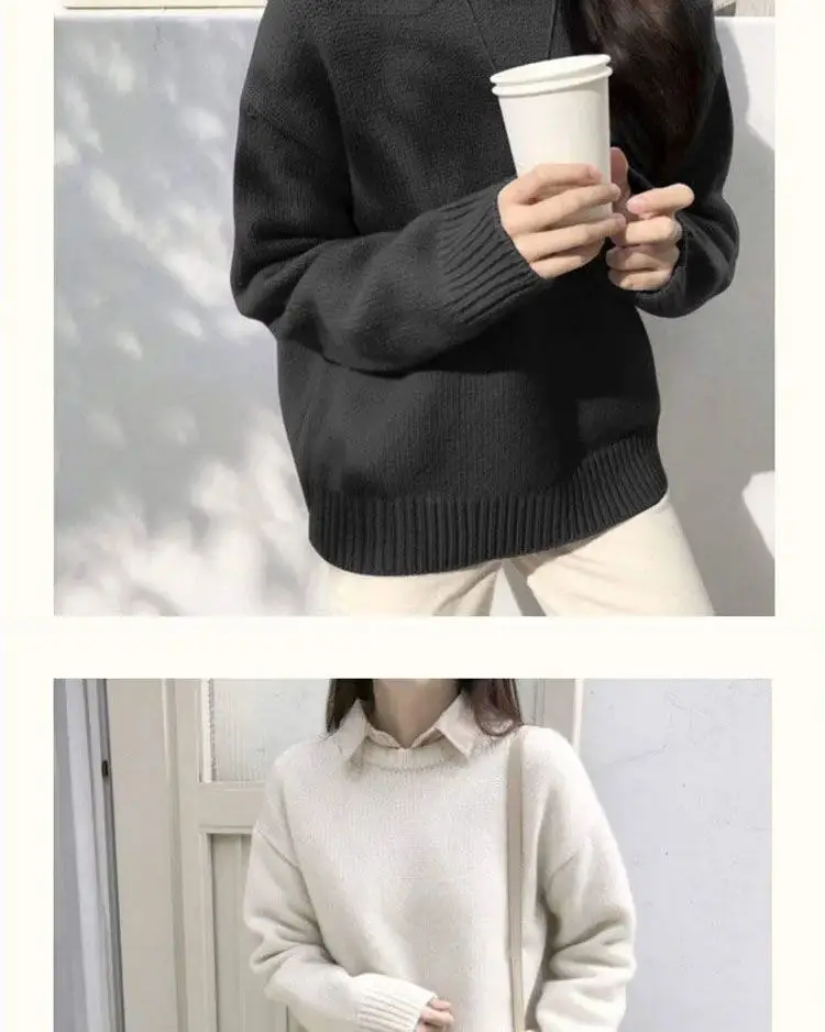 Women Loose Knitted Pullover Sweater Purple Round Neck — feature 3