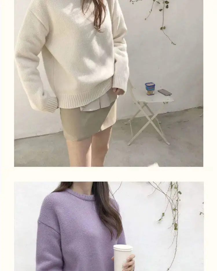 Women Loose Knitted Pullover Sweater Purple Round Neck — feature 6